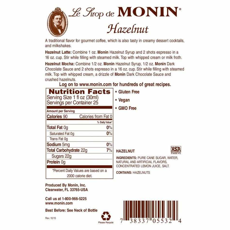 Buy Monin Hazelnut Syrup Bottle 750ml Coffee Shop Supplies