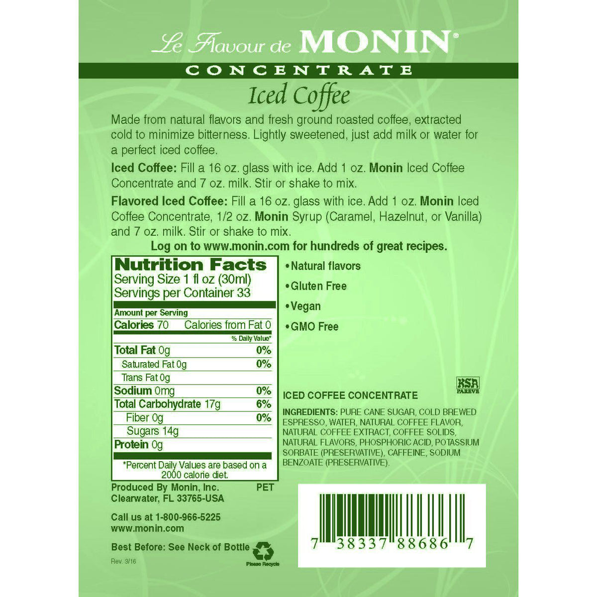 Monin Iced Coffee Concentrate Bottle 1 Liter Coffee Shop Supplies