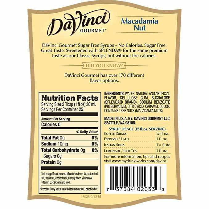Sugar Free Macadamia Nut DaVinci Syrup Bottle 750mL Coffee Shop