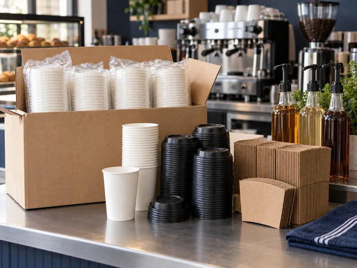 Bulk coffee cups, lids and sleeves at a café prep counter