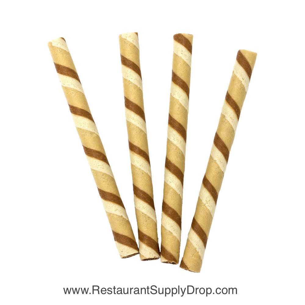 Chocolate wafer sticks and chocolate wafer straws for coffee shops and dessert shops.