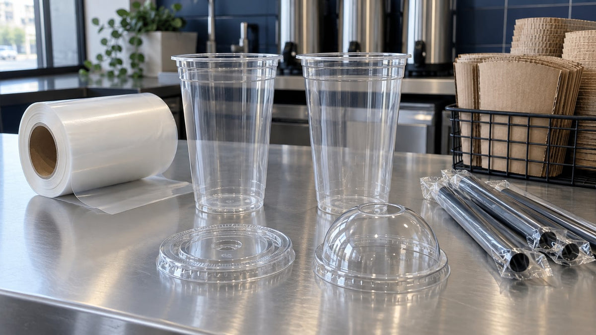 Clear boba cups with separate flat and dome lids, sealing film and wrapped wide straws.