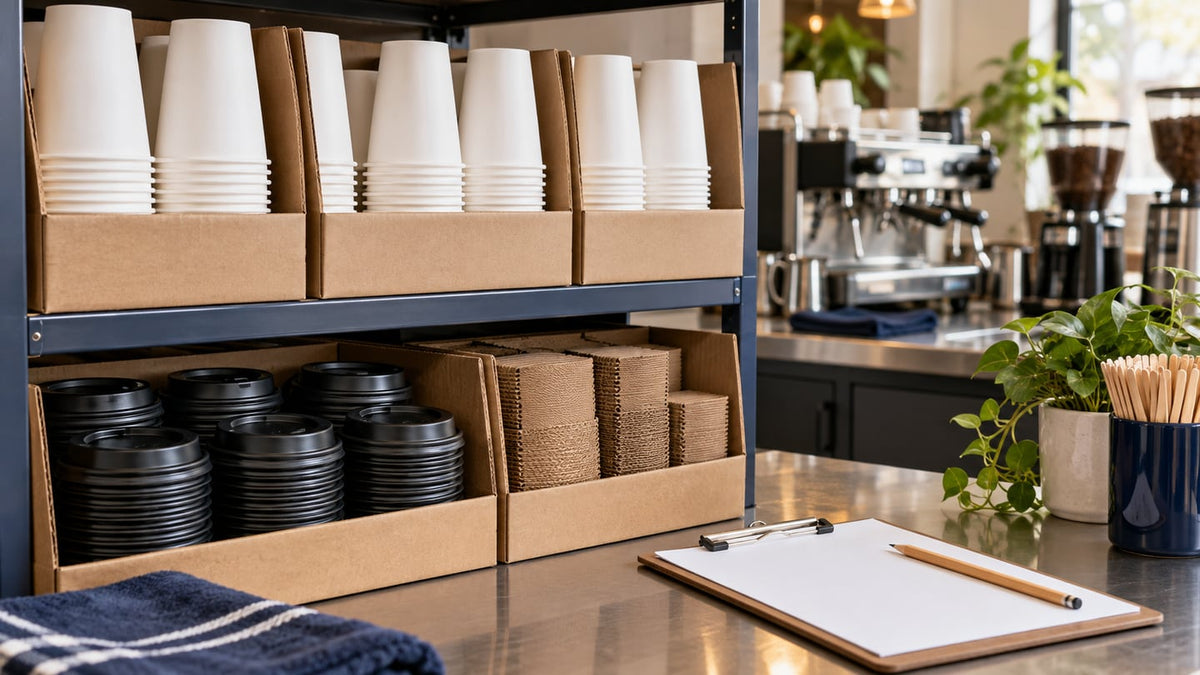 Case packs of paper coffee cups, black lids and kraft sleeves beside an inventory clipboard.