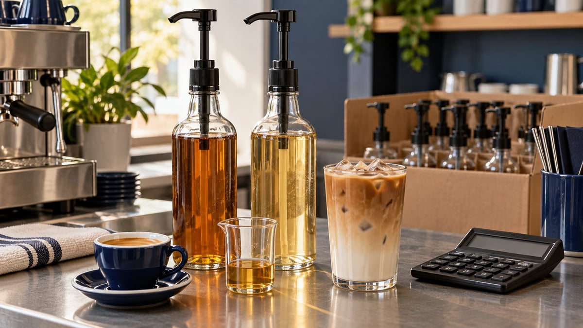 Unbranded syrup bottles with pumps, a measuring vessel and café drinks on a prep counter.
