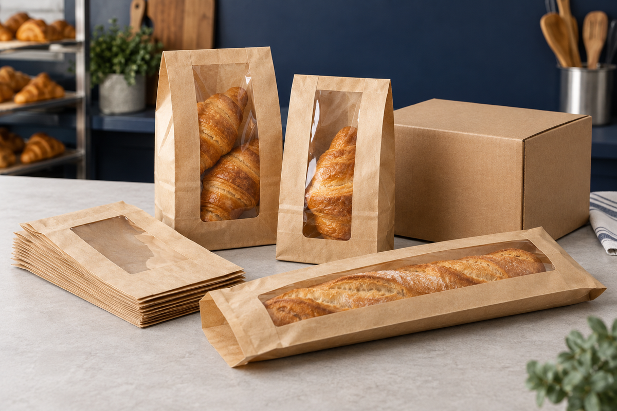 Kraft window pastry bags and a baguette bag arranged for bakery takeaway service