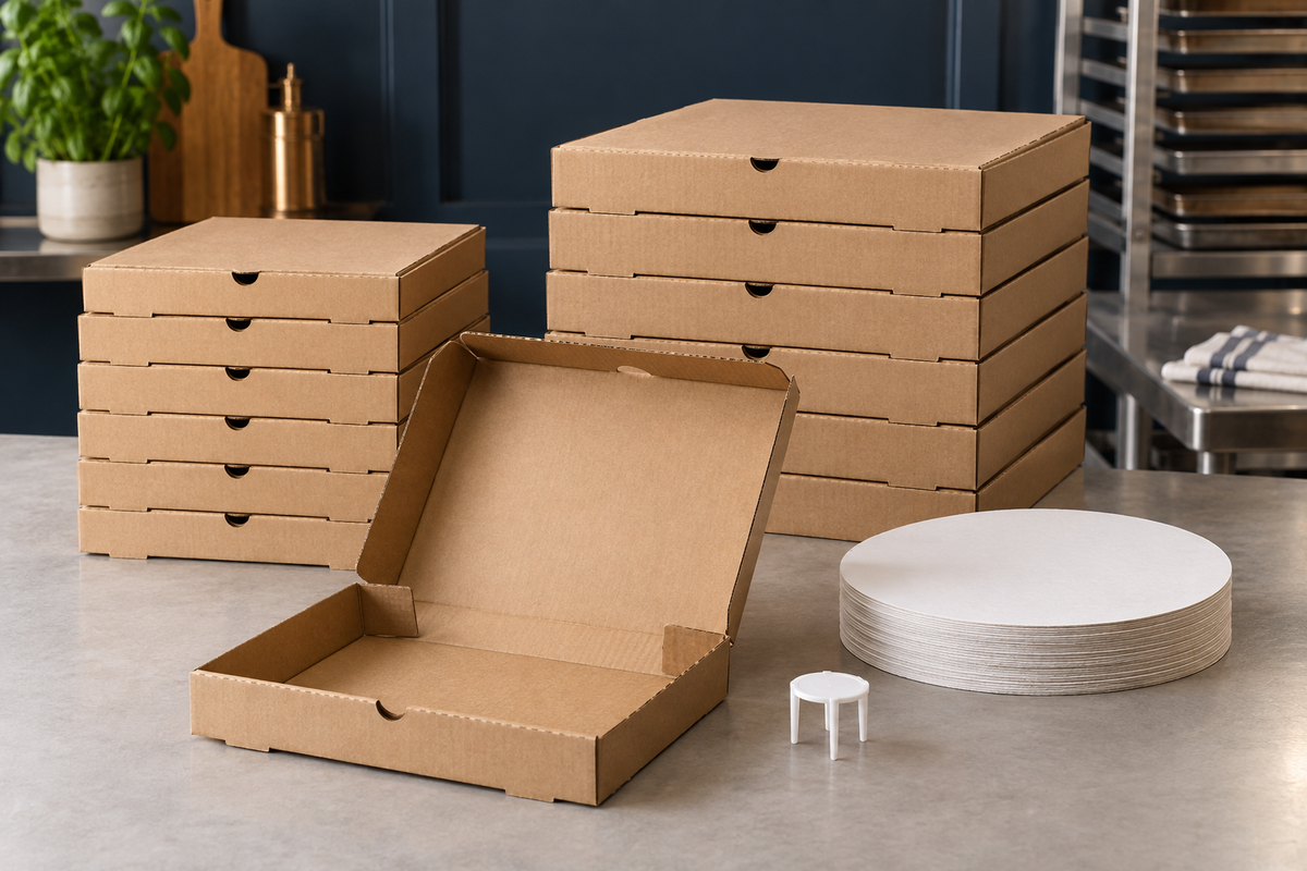 Kraft pizza boxes, round liners and a pizza saver on a restaurant counter