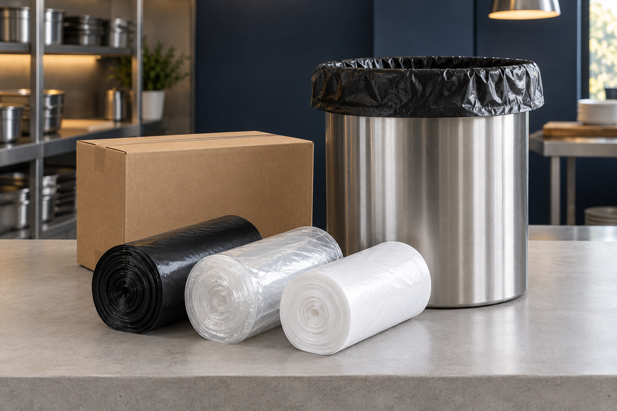 Rolls of commercial trash bags and can liners beside a lined waste bin