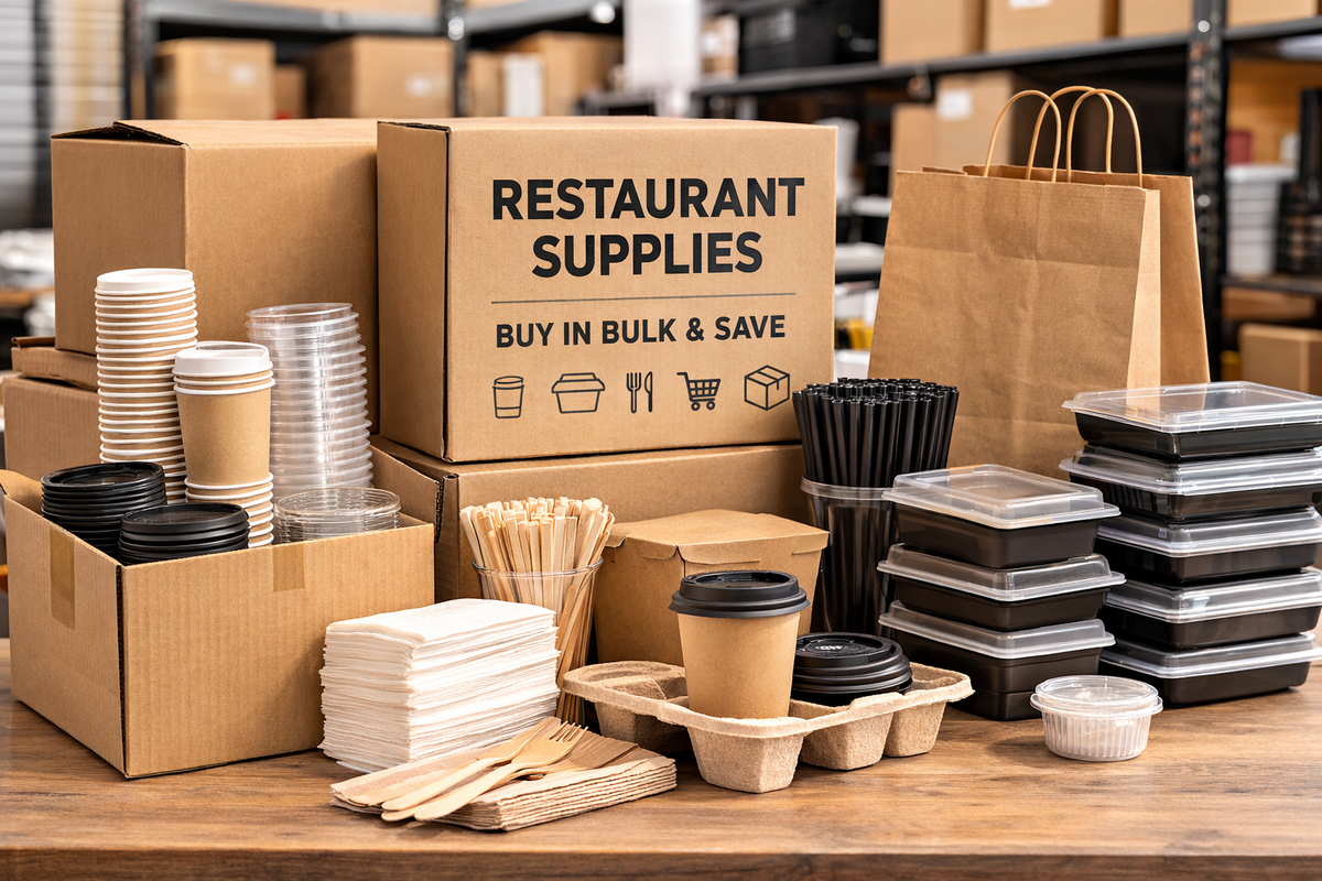 Bulk restaurant supplies including cups and takeout containers