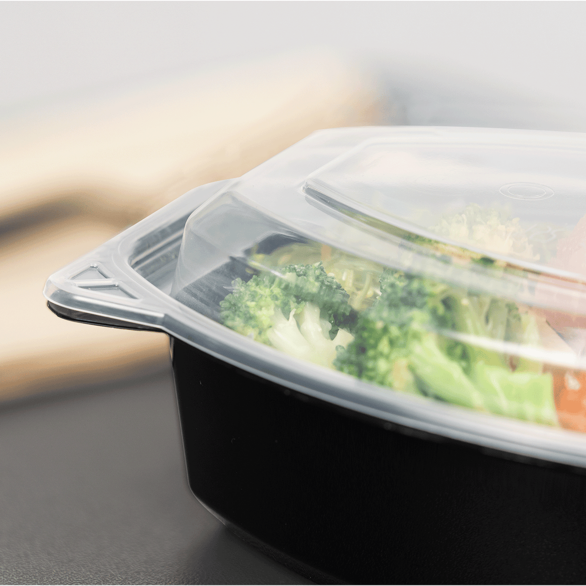Karat 24 oz PP Microwaveable Oval Food Container with Clear Lid, Black — 150 sets — product photo 3