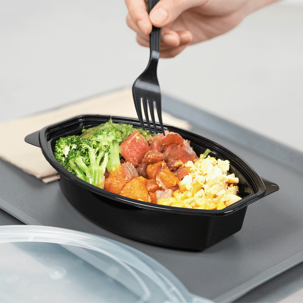 Karat 24 oz PP Microwaveable Oval Food Container with Clear Lid, Black — 150 sets — product photo 4