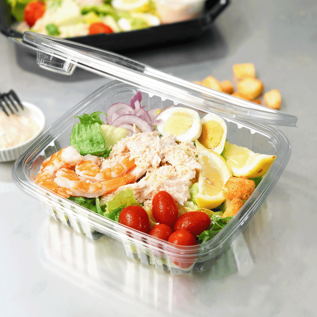 Karat 48 oz PET Tamper Resistant Hinged Deli Containers w/Flat Lid, Rectangular — 150 sets