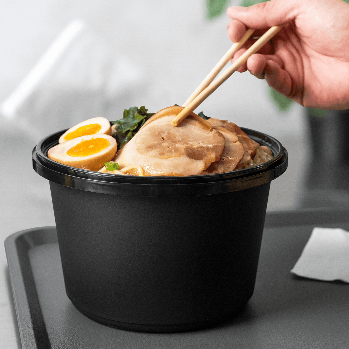 Karat 60 oz PP Tamper Resistant Injection Molded Microwaveable Black Food Container w/Clear lid — 150 sets — product photo 3