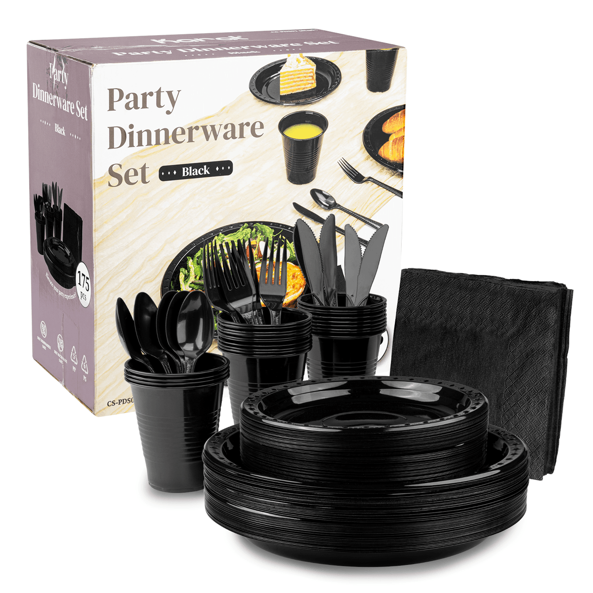 Karat Black Party Dinnerware Set, Plate, Cup, Fork, Knife, Spoon, Napkin — 25 sets — product photo 2