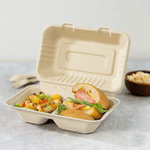 Karat Earth 2 Compartments, 9''x6'' Molded Fiber Hinged Containers, PFAS Free, Natural — 200 pc