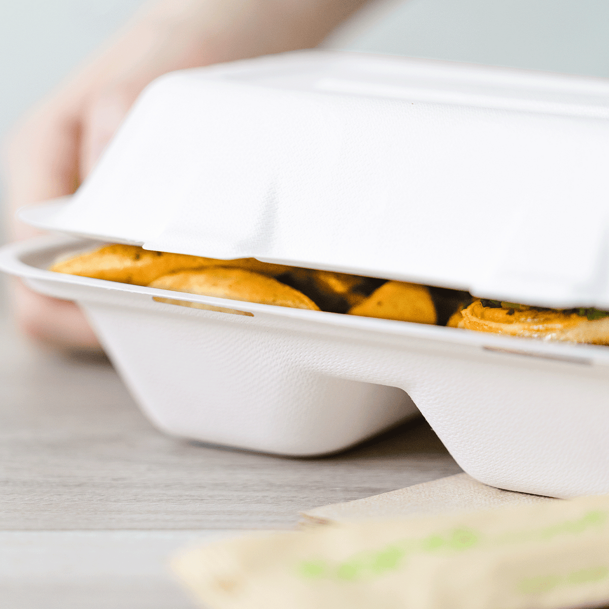 Karat Earth 2 Compartments, 9''x6'' Molded Fiber Hinged Containers, PFAS Free, White — 200 pc — product photo 3