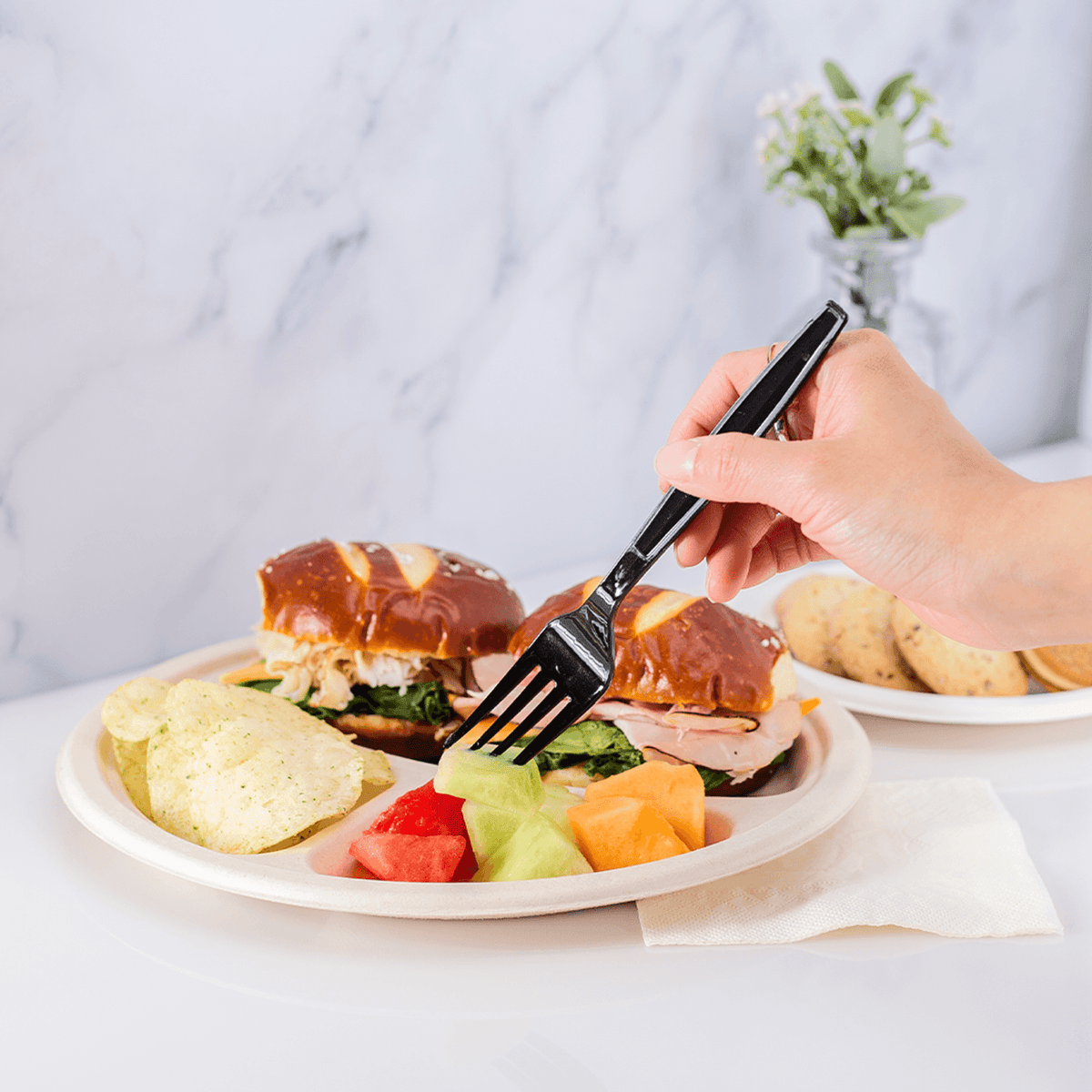 Karat Earth 3 Compartments, 10'' Molded Fiber Round Plates, PFAS Free, Natural — 500 pcs — product photo 3