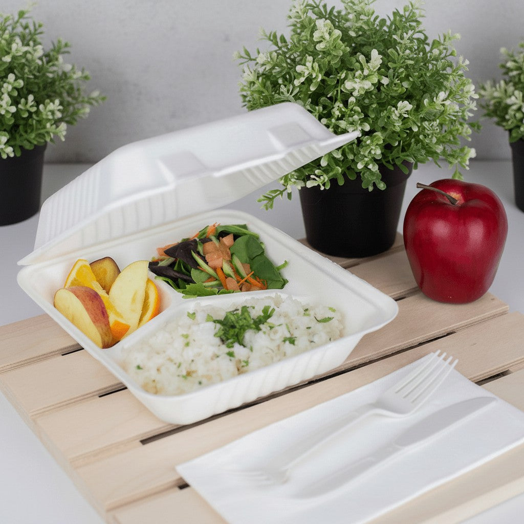 Karat Earth 3 Compartments, 8''x8'' Molded Fiber Hinged Containers, PFAS Free, White — 200 pcs