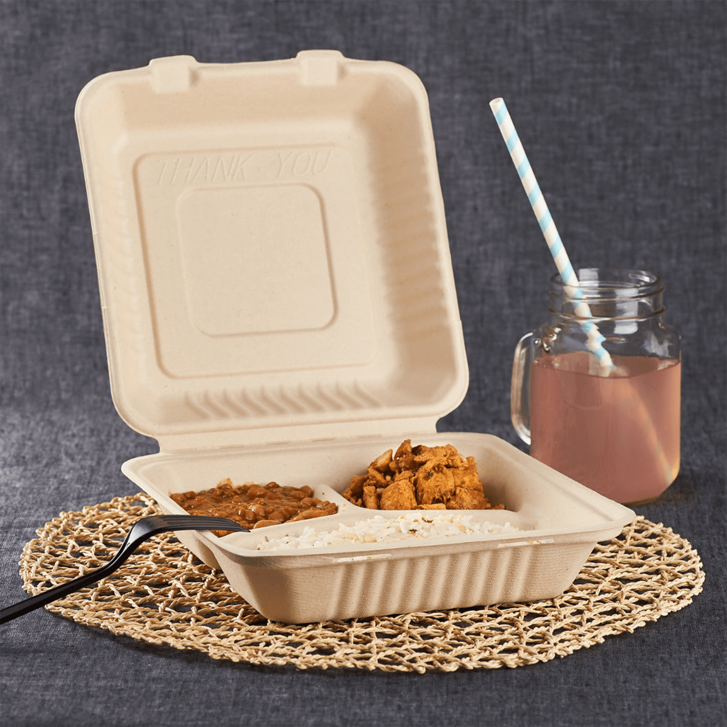 Karat Earth 3 Compartments, 9''x9'' Molded Fiber Hinged Containers, PFAS Free, Natural — 200 pcs