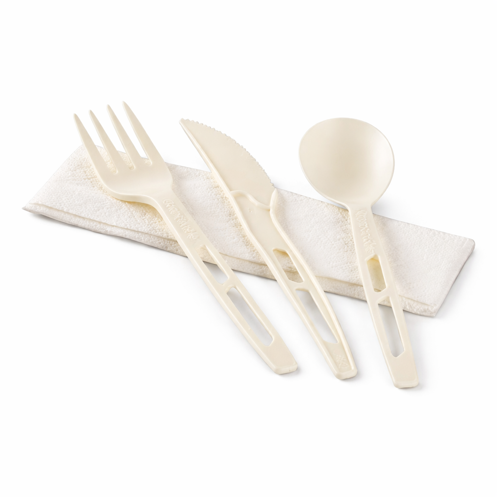 Karat Earth Heavy-Weight CPLA Compostable Cutlery Kits (Knife, Fork, Tea Spoon, 2-ply Napkin), White — 250 kits — product photo 2