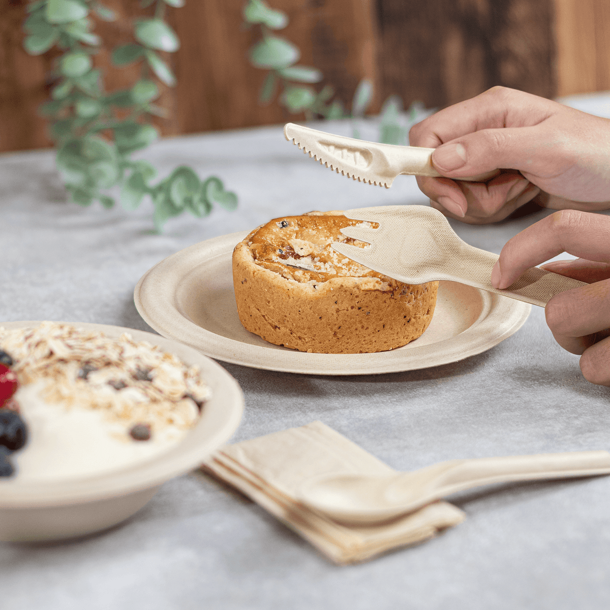 Karat Earth PFAS Free Bagasse Cutlery Kits (Knife, Fork, Soup Spoon, 2-ply Napkin), Paper Wrapped — 250 sets — product photo 3