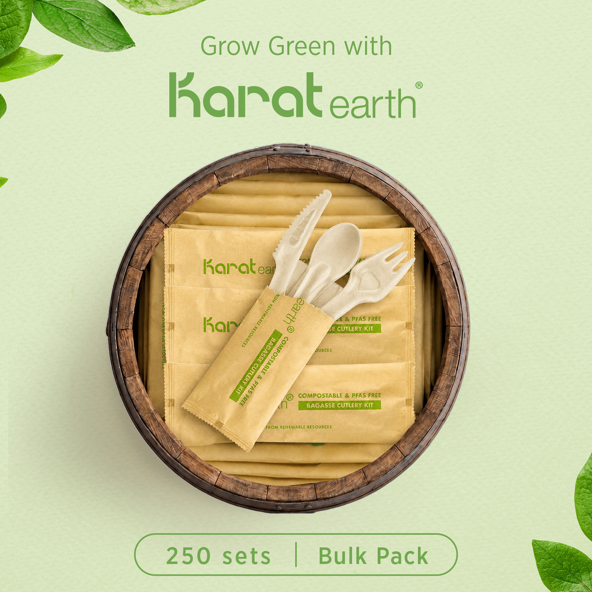 Karat Earth PFAS Free Bagasse Cutlery Kits (Knife, Fork, Soup Spoon, 2-ply Napkin), Paper Wrapped — 250 sets — product photo 5