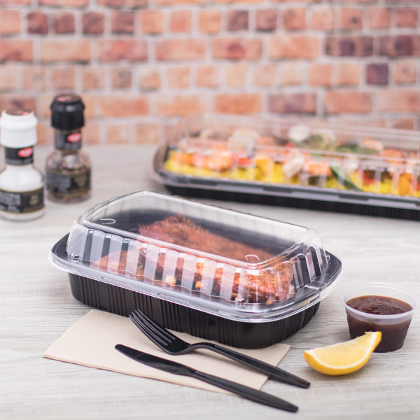 Karat Half Slab Black PP Plastic Rib Container with Clear PP lid — 100 ct