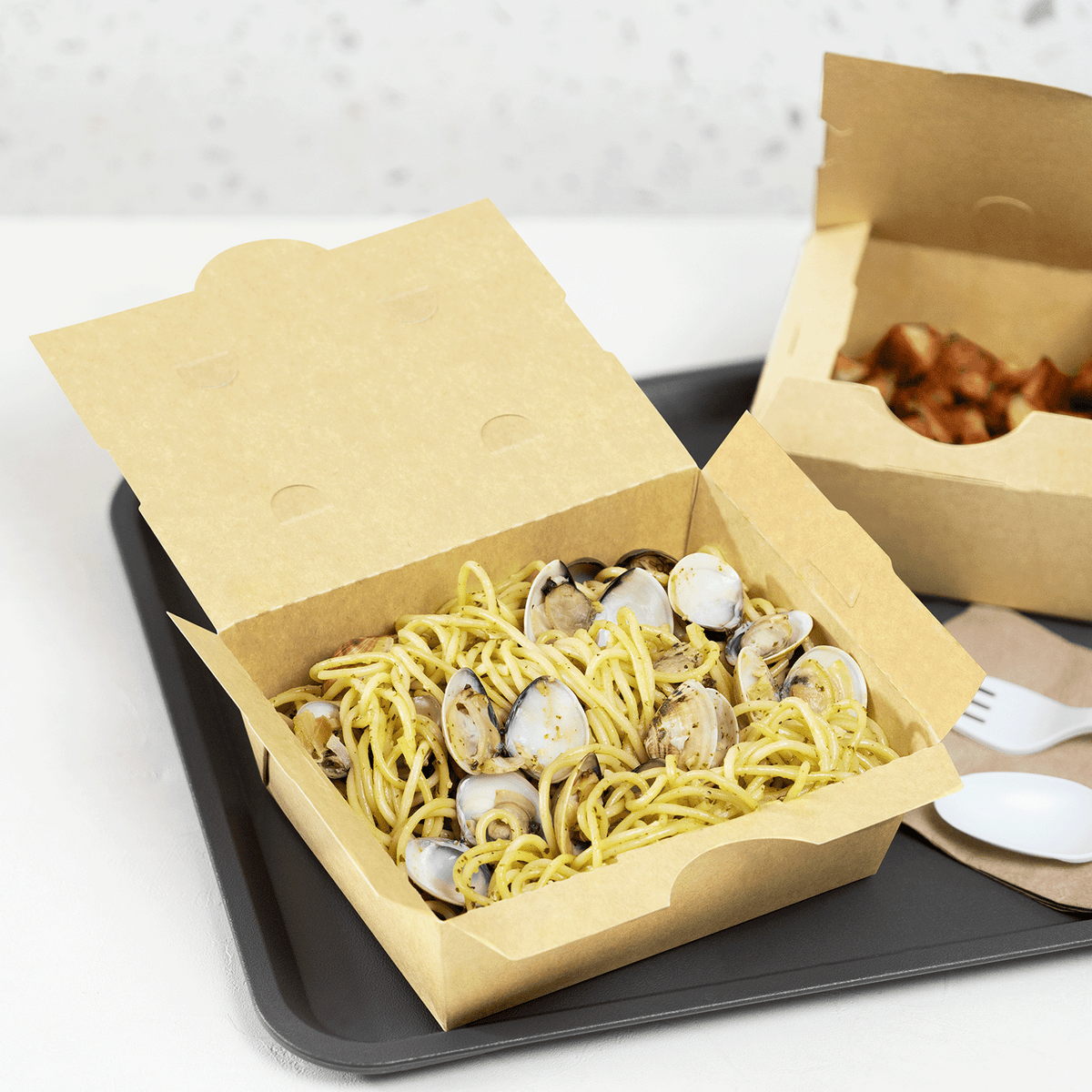 Karat Paper Folding Take-Out Container, Vented Holes, 45 fl. oz, Kraft — 300 ct — product photo 3