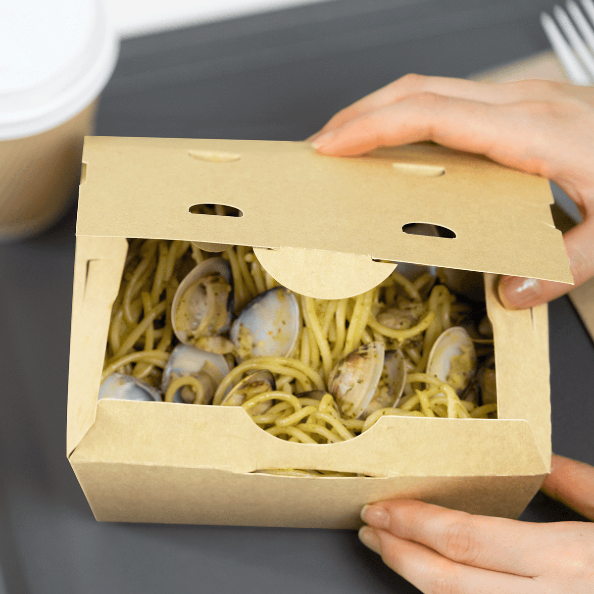 Karat Paper Folding Take-Out Container, Vented Holes, 45 fl. oz, Kraft — 300 ct — product photo 4