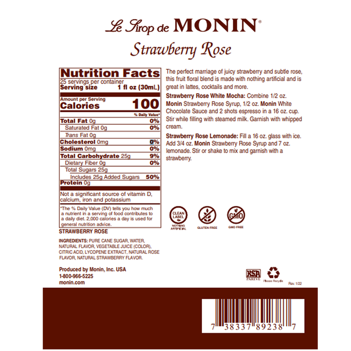 Monin Strawberry Rose Syrup — Bottle (750mL) — product photo 2