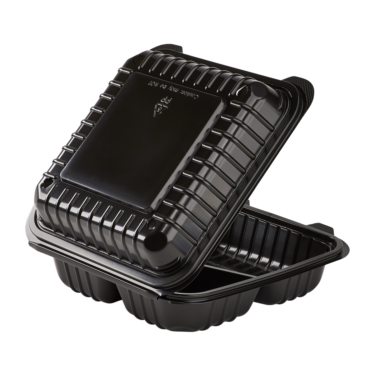 8''x8'' Black Hinged Containers 3 Compartments - Large Black Clamshell Takeout Boxes Multi Compartment - Karat PP Plastic - 250 count-Karat