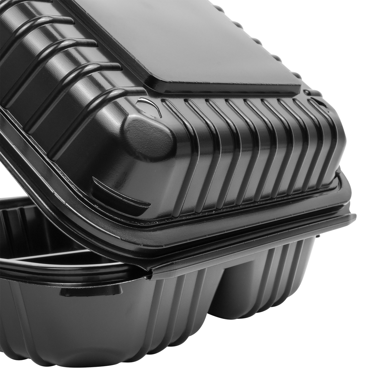 8''x8'' Black Hinged Containers 3 Compartments - Large Black Clamshell Takeout Boxes Multi Compartment - Karat PP Plastic - 250 count-Karat