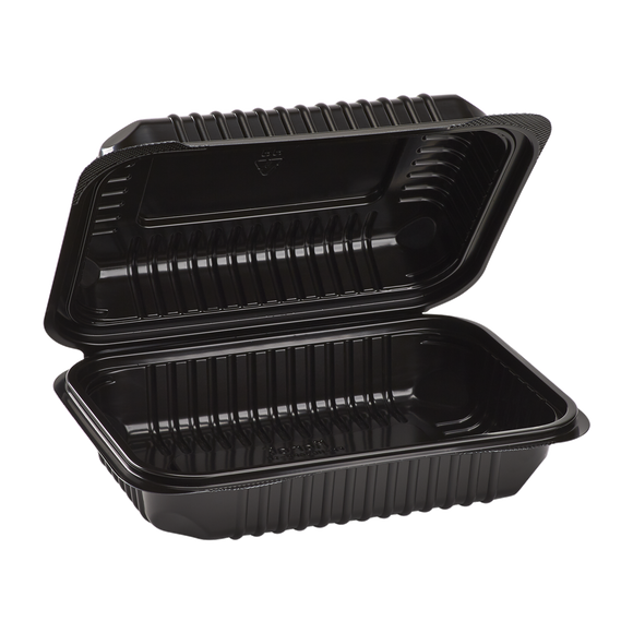 9''x6'' Black Hinged Containers - Black Half Clamshell Take Out Box - Karat PP Plastic - 250 count-Karat