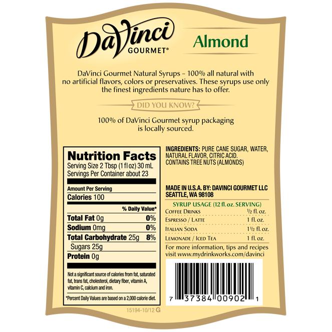 Almond Flavored All Natural DaVinci Syrup Bottle - 700mL-Syrups-DaVinci Gourmet-Restaurant Supply Drop