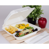 Extra Large Compostable 3 Compartment Food Container - Karat Earth 9x9 Bagasse Hinged Box 200 ct-To-Go Packaging-Karat-Restaurant Supply Drop