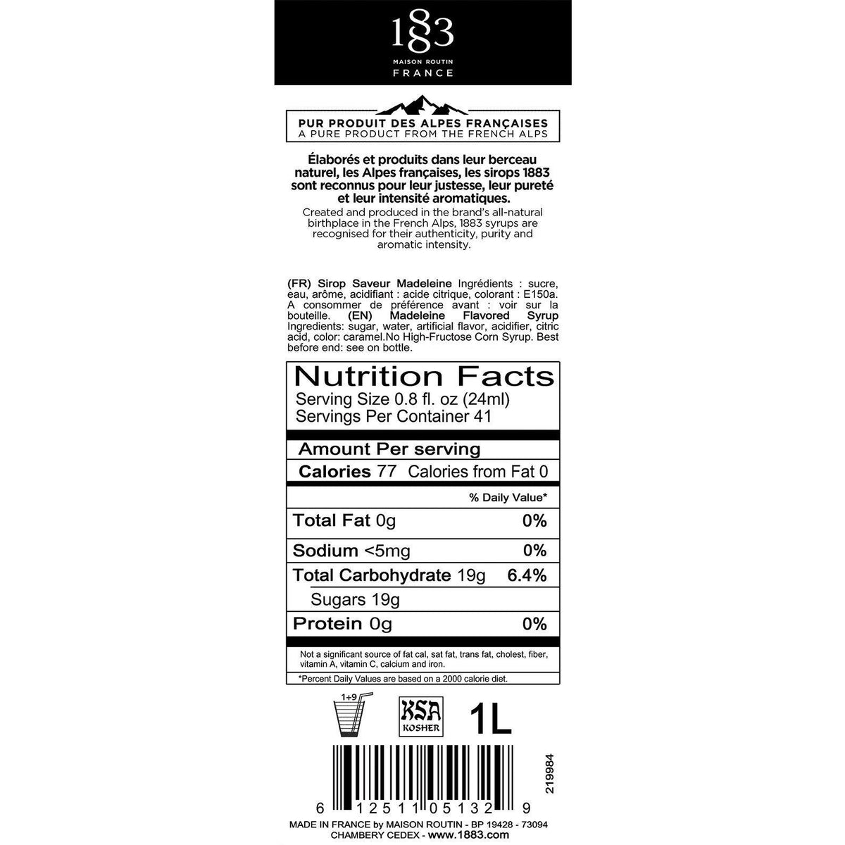 French Madeleine Syrup 1883 Maison Routin - 1 Liter Bottle-Syrups-1883 Maison Routin-Restaurant Supply Drop