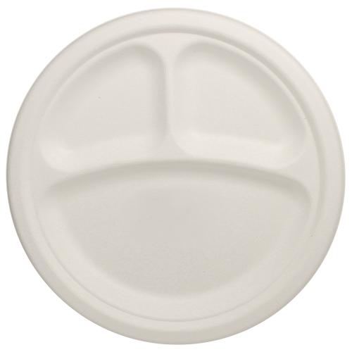 Karat Earth 10'' Compostable Bagasse Round Plates - 3 Compartments - 500 ct-Bowls & Plates-Karat-Restaurant Supply Drop