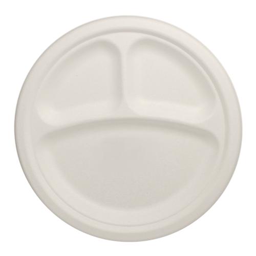 Karat Earth 9'' Compostable Bagasse Round Plates - 3 Compartments - 500 ct-Bowls & Plates-Karat-Restaurant Supply Drop