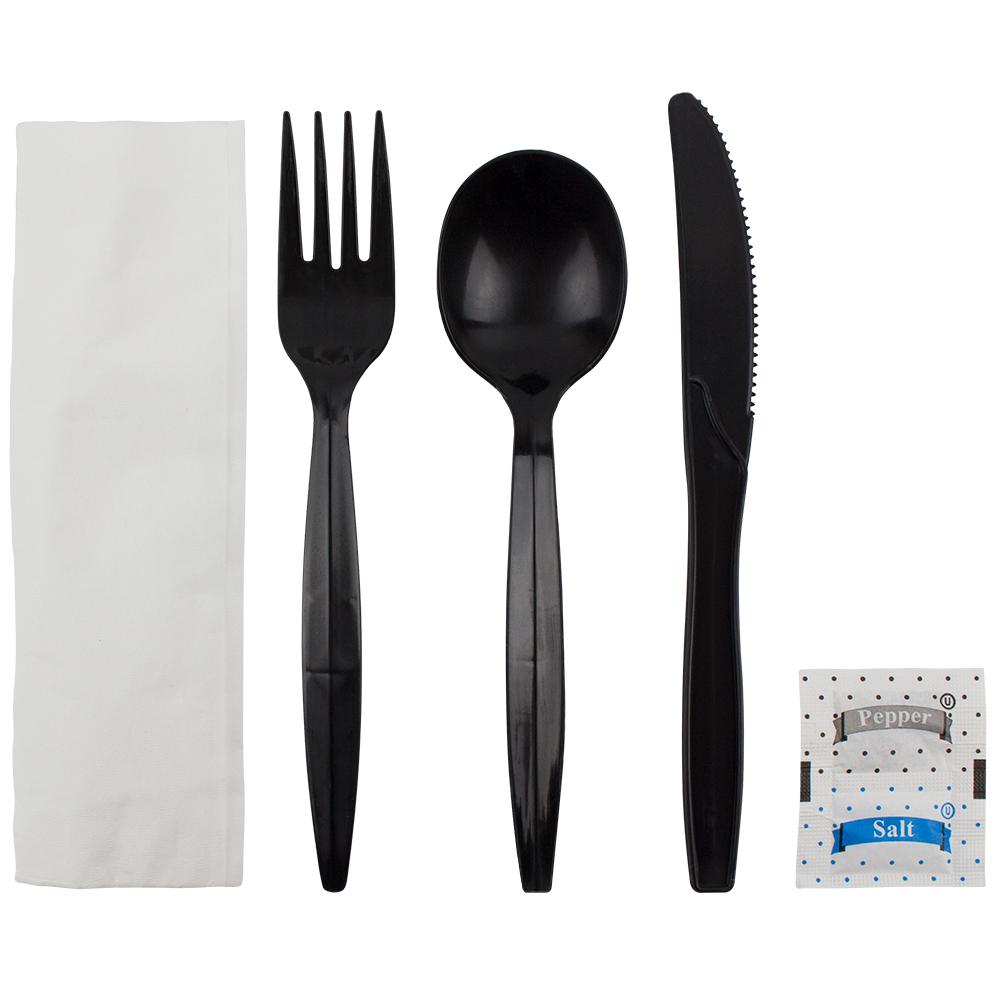 Karat PP Medium-Heavy Weight Cutlery Kits with Salt and Pepper - Black - 250 ct-Utensils-Karat-Restaurant Supply Drop
