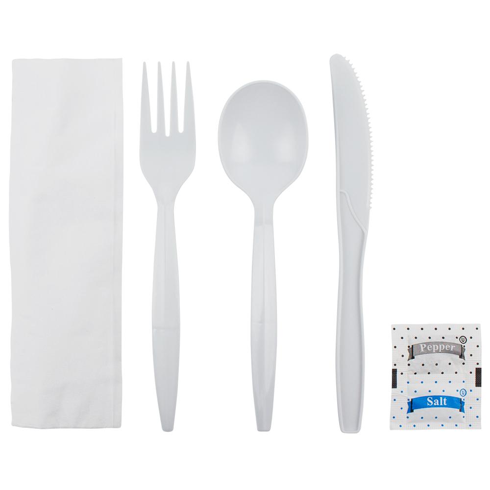 Karat PP Medium-Heavy Weight Cutlery Kits with Salt and Pepper - White - 250 ct-Utensils-Karat-Restaurant Supply Drop