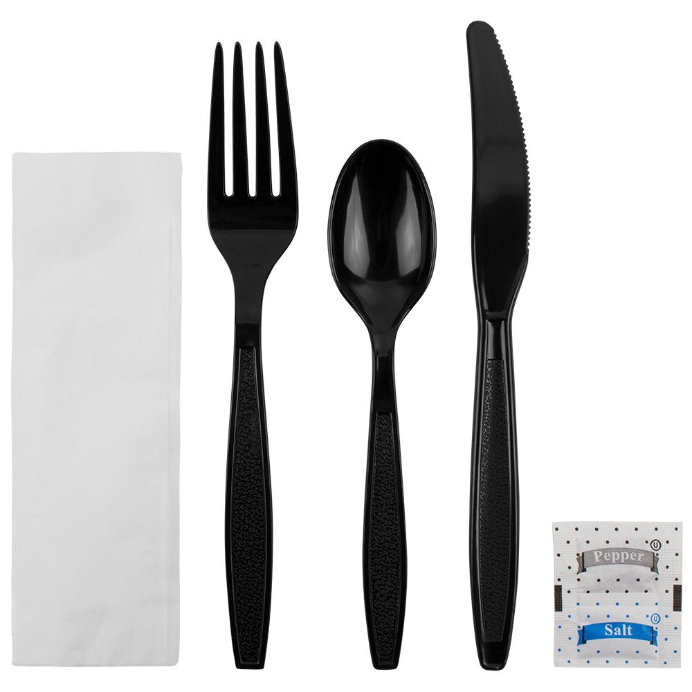 Karat PS Heavy Weight Cutlery Kits with Salt and Pepper - Black - 250 ct-Utensils-Karat-Restaurant Supply Drop