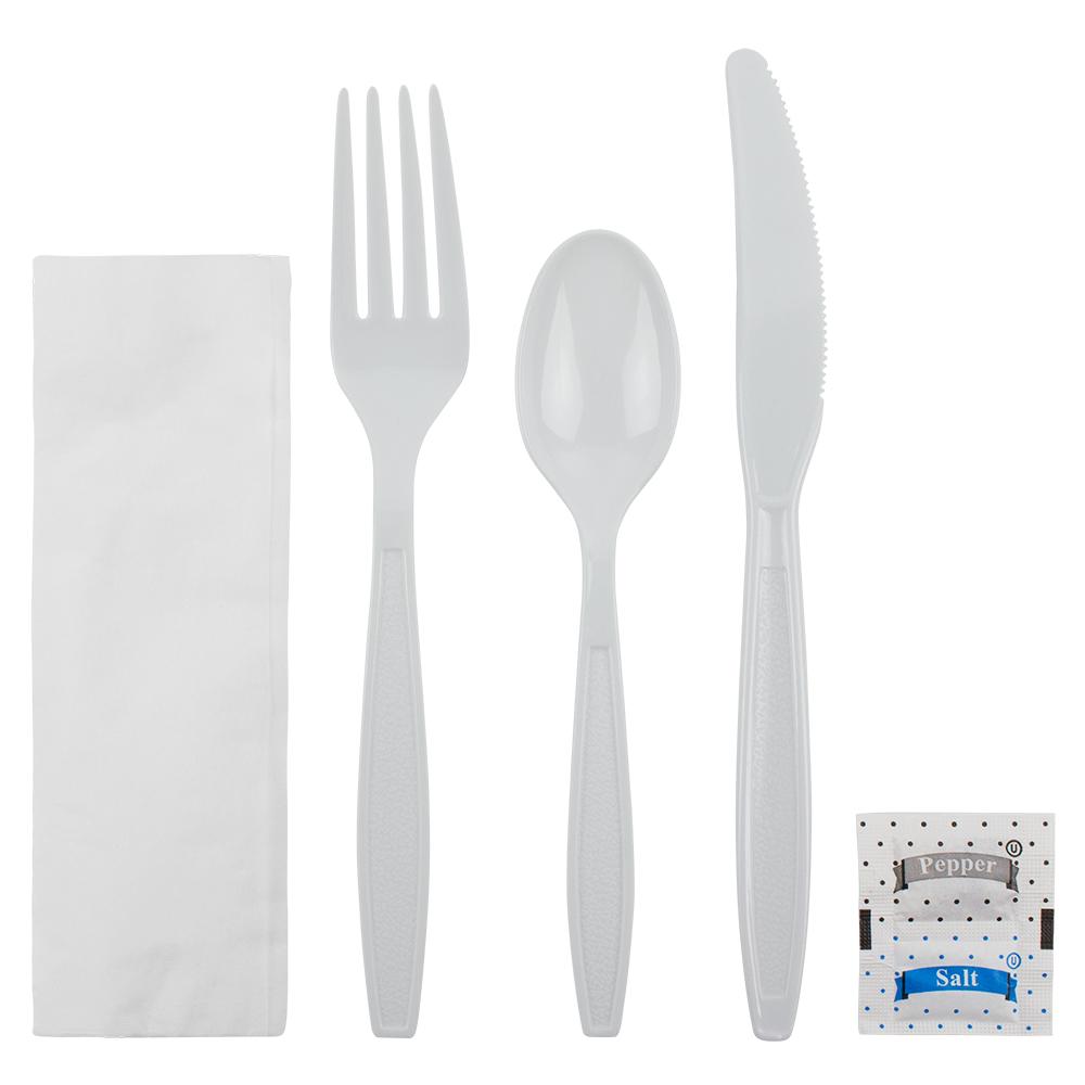 Karat PS Heavy Weight Cutlery Kits with Salt and Pepper - White - 250 ct-Utensils-Karat-Restaurant Supply Drop