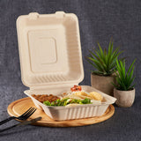 Large Biodegradable 3 Compartment Takeout Boxes - Karat Earth 8''x8'' Bagasse Hinged Containers - 200 ct-To-Go Packaging-Karat-Restaurant Supply Drop