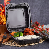 Large Black 3 Compartment Food Containers Wholesale - 8"x8" Mineral Filled Hinged Takeout Boxes - Karat Earth 200 ct-To-Go Packaging-Karat-Restaurant Supply Drop