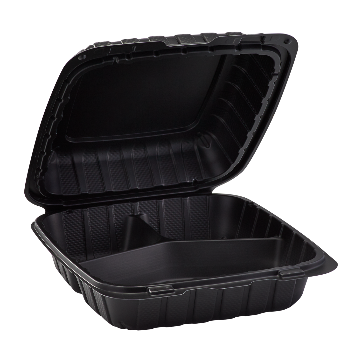 Large Black 3 Compartment Food Containers Wholesale - 8"x8" Mineral Filled Hinged Takeout Boxes - Karat Earth 200 ct-To-Go Packaging-Karat-Restaurant Supply Drop