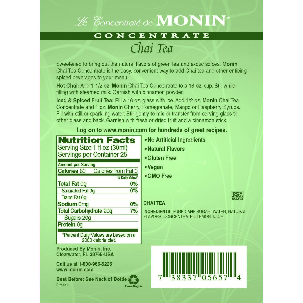 Monin Chai Tea Concentrate Syrup Bottle - 750ml-Syrups-monin-Restaurant Supply Drop
