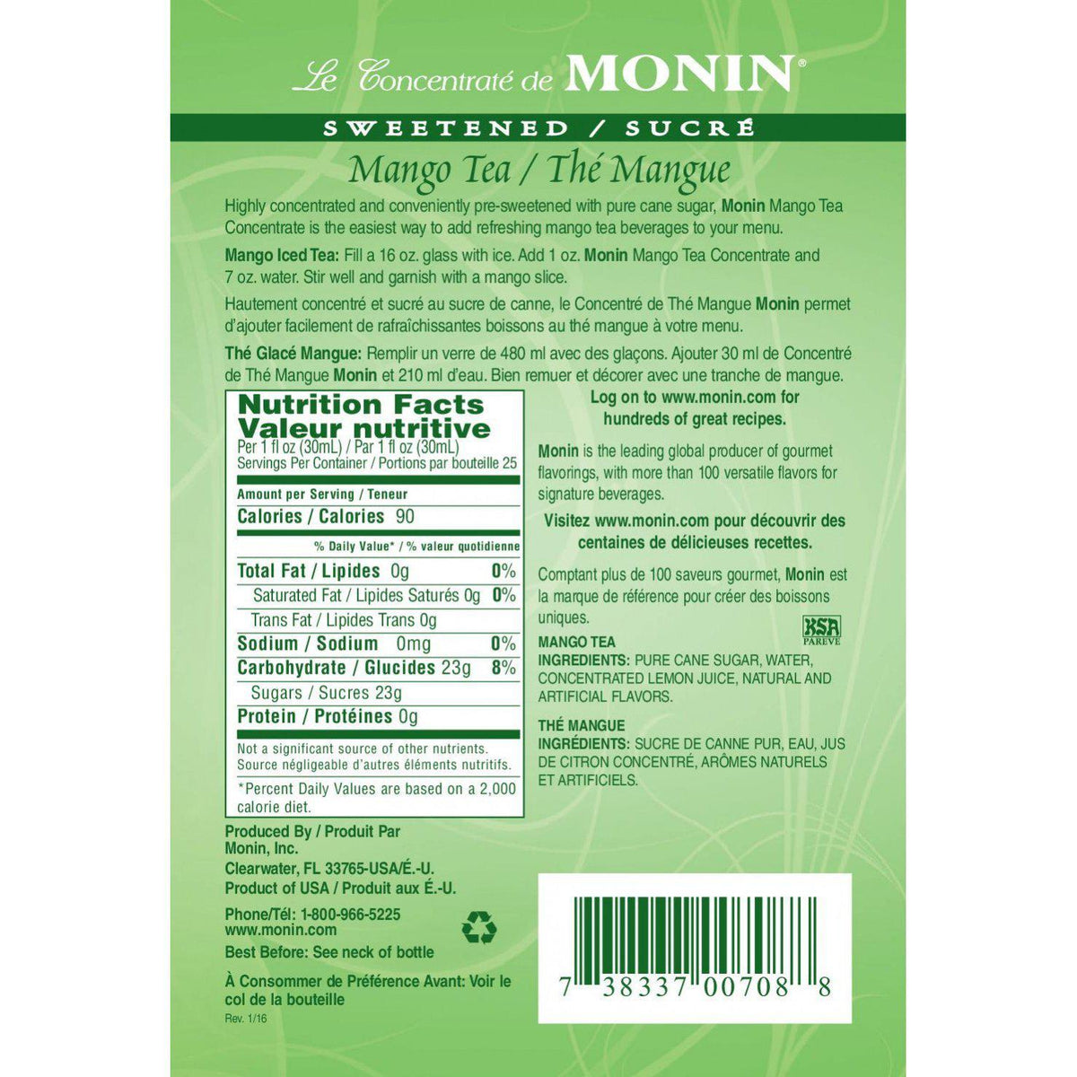 Monin Mango Tea Concentrate Syrup Bottle - 750ml-Syrups-monin-Restaurant Supply Drop