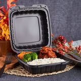 Large Black 3 Compartment Food Containers Wholesale - 8"x8" Mineral Filled Hinged Takeout Boxes - Karat Earth 200 ct-Karat