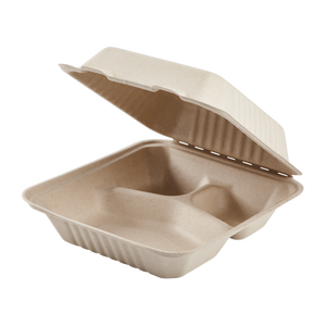 thumbnail interactive-video image 1 of Aricsen Compostable 8x8 Inch 3-Compartment Takeout Boxes - 100 Pack PFAS-Free 1 of 3