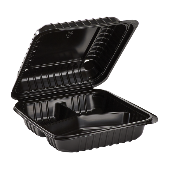 8''x8'' Black Hinged Containers 3 Compartments - Large Black Clamshell Takeout Boxes Multi Compartment - Karat PP Plastic - 250 count-Karat