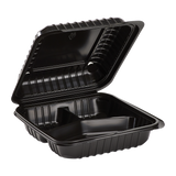 8''x8'' Black Hinged Containers 3 Compartments - Large Black Clamshell Takeout Boxes Multi Compartment - Karat PP Plastic - 250 count-Karat